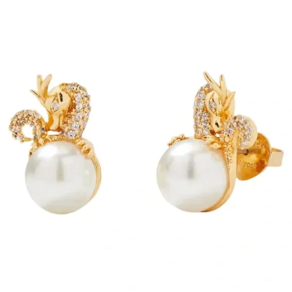 New Kate Spade Gold Dazzling Dragon Pearl Stud Earrings